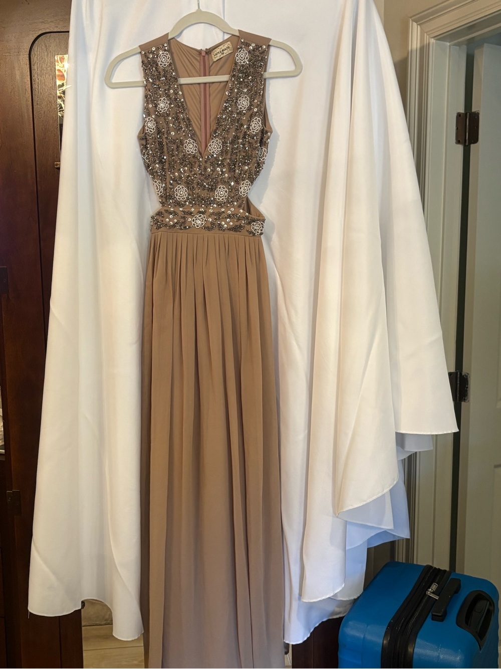 Beaded Taupe Prom Dress with V-Neck Bodice